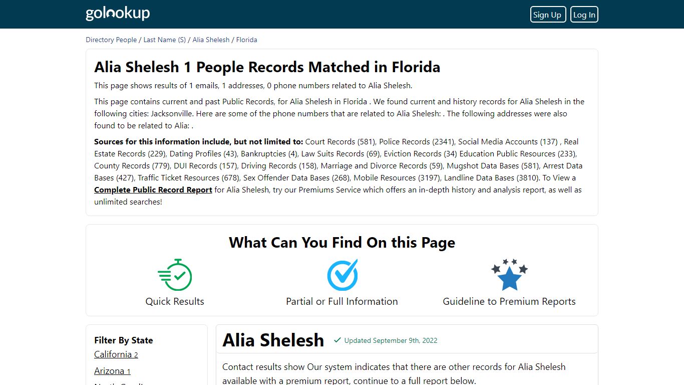 Alia Shelesh 1 People Records Matched in Florida - GoLookUp